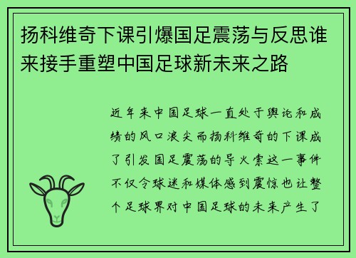 扬科维奇下课引爆国足震荡与反思谁来接手重塑中国足球新未来之路